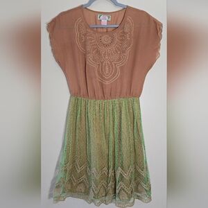 Flying Tomato Sheer Boho Brown and Green Embroirdered Dress Size Small